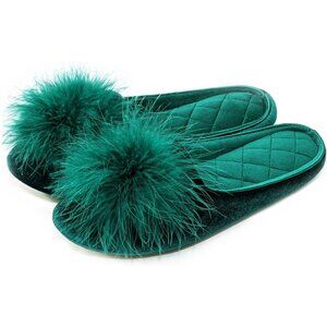 Women's Velvet Pom Pom Green Memory Foam Knit Non Slip Sole Slippers Shoes